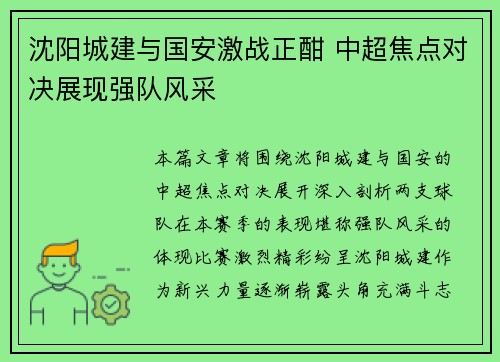 沈阳城建与国安激战正酣 中超焦点对决展现强队风采