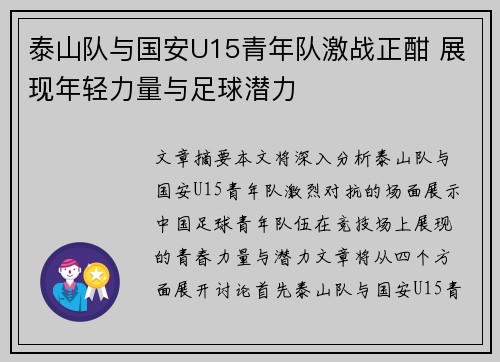 泰山队与国安U15青年队激战正酣 展现年轻力量与足球潜力